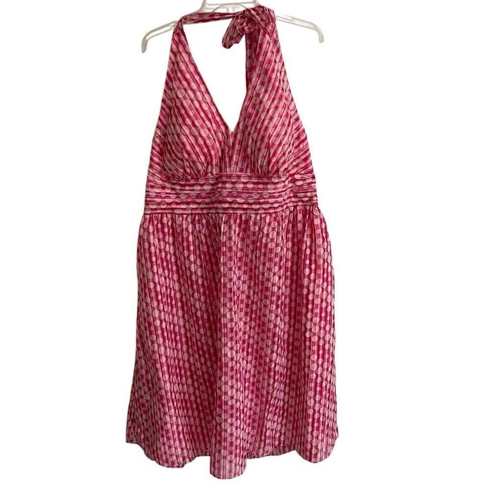 Dress Barn polkadot halter‎ dress women’s 18 pinup style midi pink sheer overlay